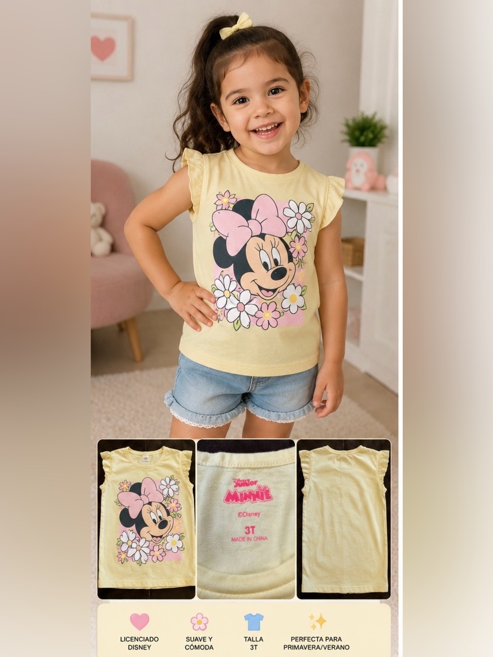 Disney Minnie Mouse Floral Ruffle Sleeve Tee Girls 3T Yellow